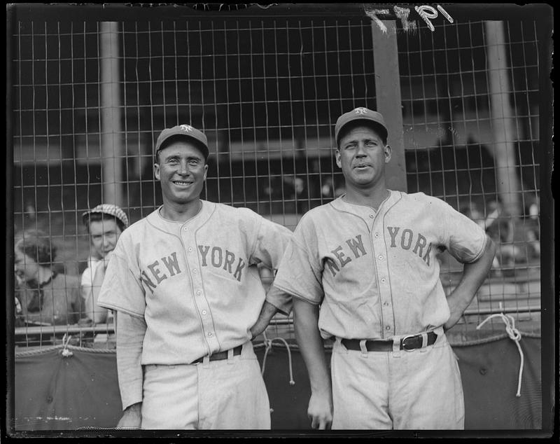 New York Giants players Wally Berger and Hank Leiber pose together at Braves Field