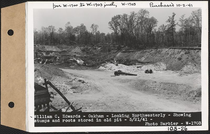 William C. Edwards, looking northwesterly showing stumps and roots stored in old pit, Oakham, Mass., May 21, 1941