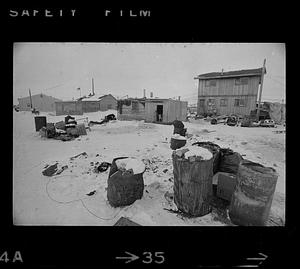 Snowy area, trash in foreground, buildings and dog in background, Alaska