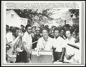 Southern Christian Leadership Conference President Ralph Abernathy tells reporters 5/20 that he has asked President Nixon to supply federal protection to help avoid bloodshed on the protest march from Perry to Atlanta. The SCLC leader invited Black Panthers, Black Muslims and Negroes of all political persuasion to join his group for the rally in Atlanta 5/23.