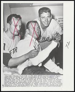 Victory is the Best Remedy -- Injured Detroit Tiger outfielder Al Kaline has cast autographed by pitching teammates Paul Foytack, left, and Hank Aguirre, right, in Yankee Stadium clubhouse in New York today after team took three out of four from Yankees in weekend series. Tigers won first game Friday night. Kaline broke right collarbone yesterday making game-ending catch to insure 2-1 win for Aguirre. Foytack was victorious hurler in nightcap of Sunday doubleheader as Tigers bested Yanks, 5-1, after dropping opener, 4-1. Three Detroit wins pushed club into first division.