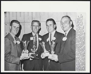 Dodger Players Honored--The Los Angeles Dodger players who were honored at night at the fifth annual dinner of the Baseball Writers Association in Los Angeles are shown with their trophies. Left to right: Ron Fairly, Dodger Sophomore of the Year; Wally Moon, player typifying Dodger Tradition; Ron Perranoski, Dodger Rookie of the Year; and Johnny Podres, Dodger Player of the Year.