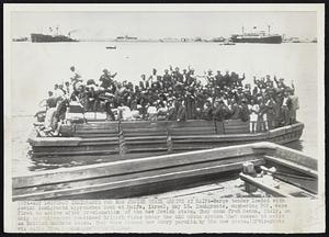 First Immigrants For New Jewish State Arrive At Haifa-Barge tender loaded with Jewish immigrants approaches dock at Haifa, Israel, May 15. Immigrants, numbering 300, were first to arrive after proclamation of the new Jewish state. They came from Genoa, Italy, on ship Argentina and possessed British visas under the old quota system that ceased to exist as British mandate ended. They were issued new entry permits by the new state.