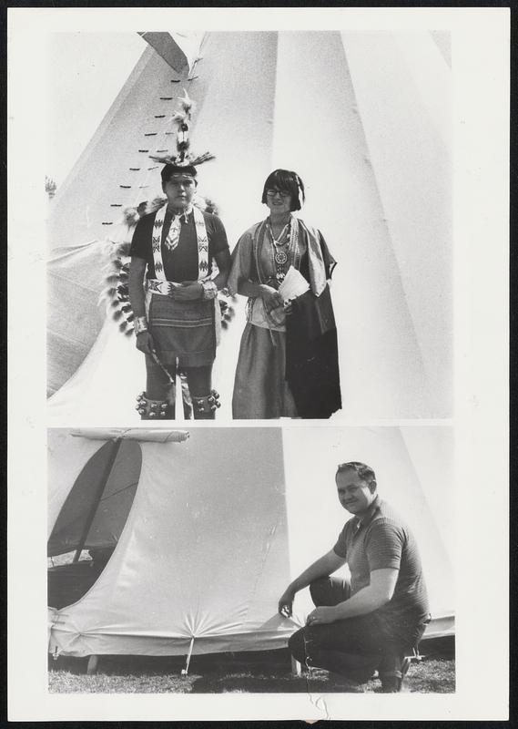 Bringing Forth the Past. When the Indians were being suppressed by military and governmental edict, the tepee was part of their lives either banned or discouraged. Insurance salesman Leonard Wood has perfected this lost art of tepee-making, using the Sioux three-pole model as the standard form of construction. Before one of his models, top photo, stand Curtis and Sandy Pewo, members of the Bill and Norma Wahnee troupe of traveling Indians providing reservation entertainment at tribal festivals. Below, Leonard Wood, Dana Point, Calif., poses with another creation.