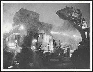 Weather storms snow. Rock salt, going into night, - two loaders, loading sander + rock salt trucks, Albany st. City Yard