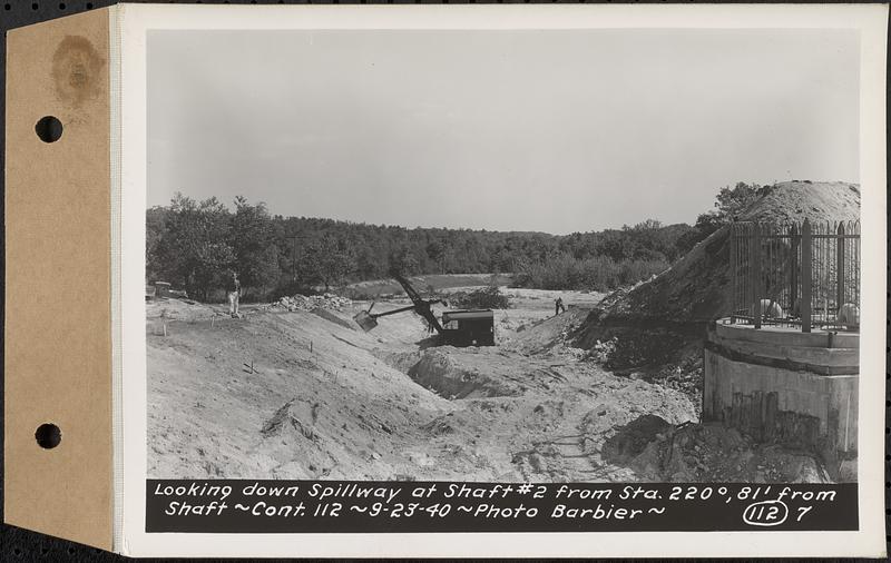 Contract No. 112, Spillway at Shaft 2 of Quabbin Aqueduct, Holden, looking down spillway at Shaft 2 from Sta. 220 degrees, 81 feet from shaft, Holden, Mass., Sep. 23, 1940