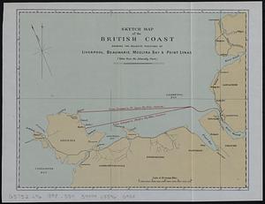 Sketch map of the British coast showing the relative positions of Liverpool, Beaumaris, Moelfra Bay & Point Lynas (taken from the Admiralty chart)