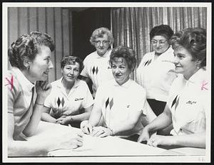 Candlepin Check Point- Helen Sellew, (left), director of the tournament of Champions at Natick's Fairway Sports World Lanes, checks entry blank of Pilgrim, Lanes (Haverhill) quintet for the team event. Contestants (from left to right) are Shirley Senter, Lillian Doucette, Marion Goodwin, captain Bess Vignault and Catherine McCarthy.