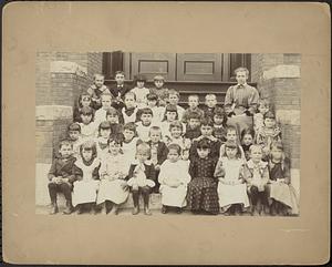 Pupils with teacher on steps of Groton Street School