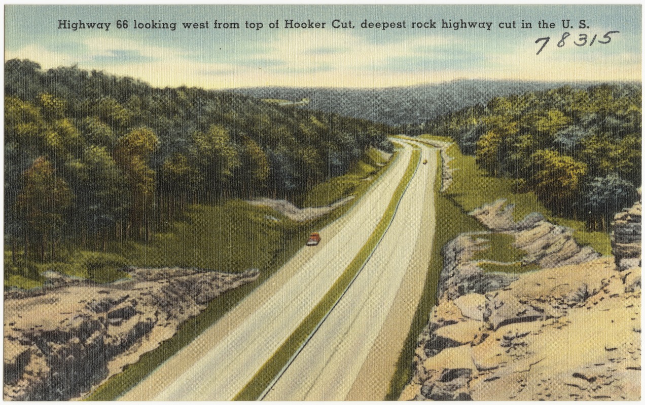 Highway 66 looking West from top of Hooker Cut, deepest rock highway cut in U.S.