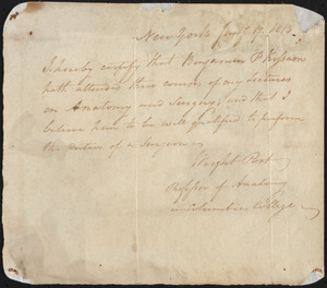 Certificate of Completion for Dr. Benjamin P. Kissam, January 17, 1813