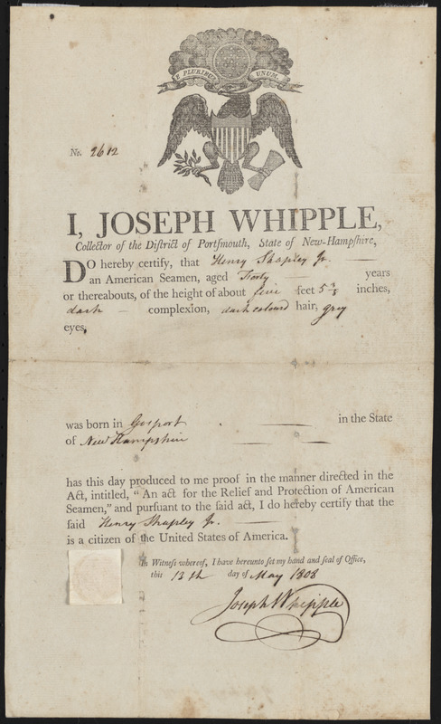 Seaman's Protection Certificate for Henry Shapley, Jr., May 13, 1808