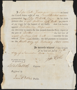 Pay Allotment for Jesse Cole, November 11, 1800