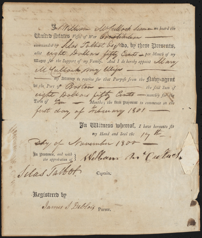 Pay Allotment for William McCullock, November 17, 1800