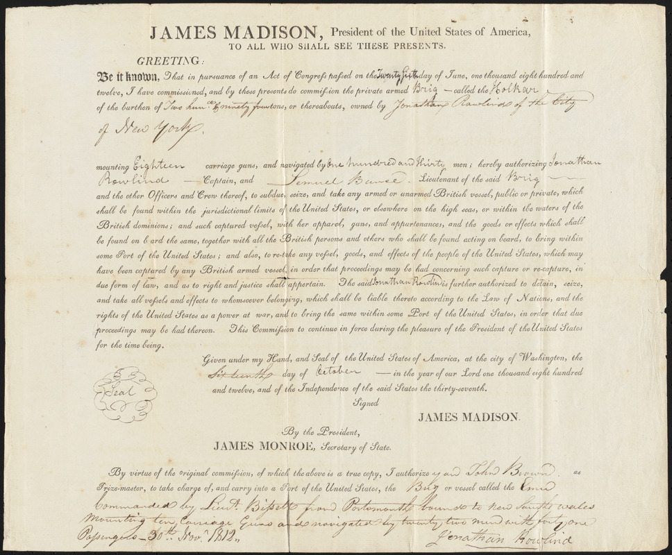 Letter of Marque for the Brig Holkar, October 16, 1812