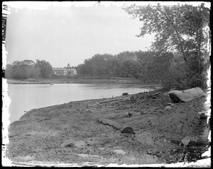 Pond, showing points of fastening the foot bridge across river