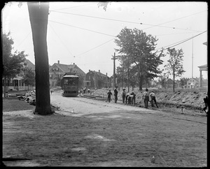 Talbot Avenue looking east from Elm Street during construction of street railroad