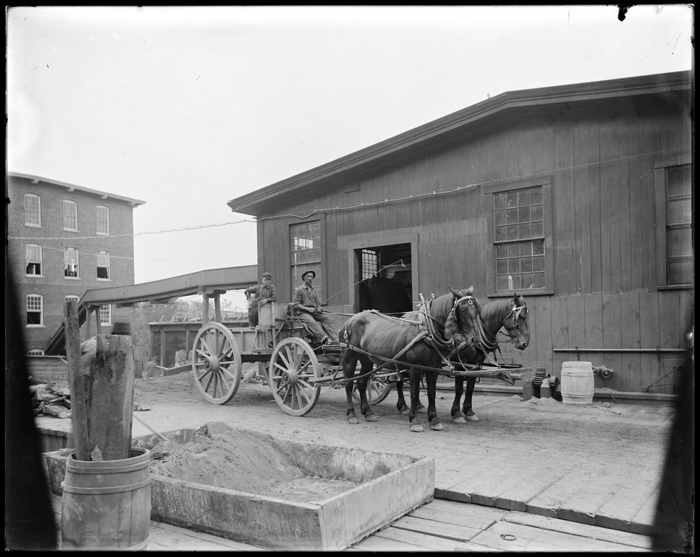 Front of logwood mill and two horse team