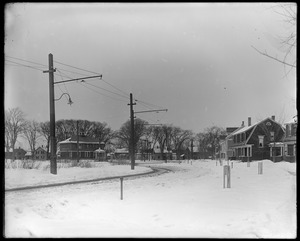 Park and Talbot Avenue from east side of park, looking toward P.O., snow scene
