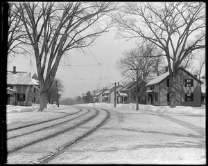 Lowell Street, looking west from front of Post Office, snow scene