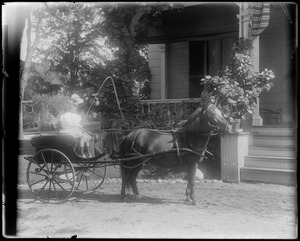 Grace Helen Talbot in pony cart in front of house