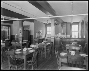 Talbot Mills lunch room, showing tea and coffee urns with coffee cups on counter