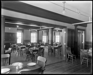 Talbot Mills lunch room, looking from men's room and showing reading tables