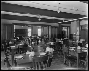 Talbot Mills lunch room, looking from men's room towards women's room
