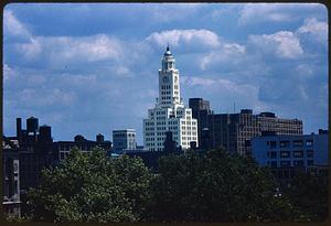 View of Inquirer Building over trees, Philadelphia, Pennsylvania