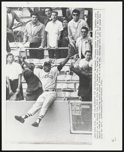Robinson the Robber--Floyd Robinson, Chicago right fielder, tumbles over barrier as he snares long drive from bat of Yankee Tom Tresh in first inning of game at New York's Yankee Stadium today. Leaping catch robbed Tresh of a home run. Robinson fell into the stand but held the ball.