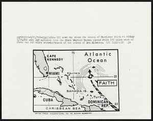 This UPI news map shows the course of Hurricane Faith at midday 8/29. The Noon EDT advisory from the Miami Weather Bureau placed Faith 570 miles east of Miami and 220 miles east-northeast of the island of San Salvador.