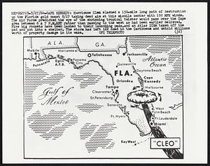 Hurricane Cleo slashed a 150-mile long path of destruction up the Florida gold coast 8/27 taking dead aim at this missile center with 100 MPH winds. The Air Force predicted the eye of the shrieking tropical twister would pass over the Cape area between 6 & 7 P.M.EST rather than passing to the west as had been earlier believed. Five big rockets have been lashed to their launching pads,and an Atlas ICBM taken off the pad and put into a shelter. The storm has left 122 dead in the Caribbean and untold millions worth of property damage in its wake.