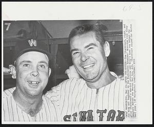 Washington - After One-Hitter- Tom Sturdivant, right, and Jim King get together in the Washington Senators' dressing room today after Sturdivant's one hit pitching and King's home run helped the Senators defeat the Boston Red Sox, 4-0. Sturdivant played for Boston last year.