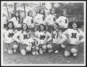 Natick. Front left to right- Bonnie Shapiro, Diane Kopelman, Paula Tota (mascot), Diane Young (capt), Nancy Ambler, Sherri Young. Rear, left to right, Cheryl Cordellicchio, Pam Sister, Sue Thurston, Anne Breen, Sharon Heenehan.