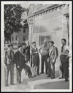 No Hard Feelings– Eastern Massachusetts Street Railway Co. bus drivers and would-be passengers talk things over at a sun-bathed bus stop on Hancock street, Quincy, near the terminal.