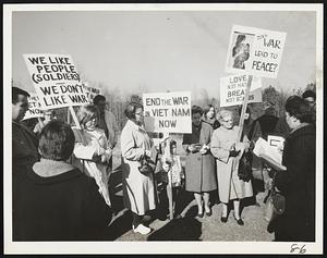 Women pacifists gather in parking lot near the main gate to Ft. Devens for demonstration against the Vietnam war.