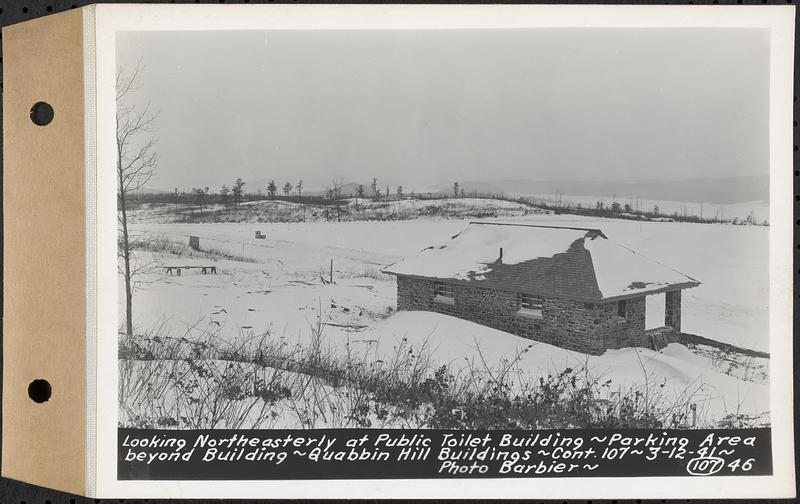 Contract No. 107, Quabbin Hill Recreation Buildings and Road, Ware, looking northeasterly at public toilet building, parking area beyond building, Ware, Mass., Mar. 12, 1941