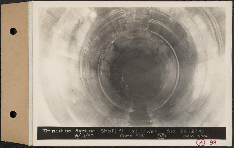 Contract No. 14, East Portion, Wachusett-Coldbrook Tunnel, West Boylston, Holden, Rutland, transition section Shaft 1 looking west, Sta. 26+24+/-, West Boylston, Mass., Jun. 15, 1930