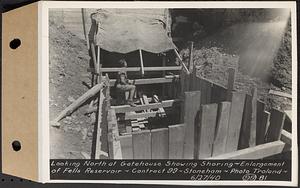 Contract No. 99, Enlargement of Fells High Level Distribution Reservoir, Stoneham, Malden, Melrose, looking north at gatehouse showing shoring, enlargement of Fells Reservoir, Stoneham, Mass., Jun. 27, 1940