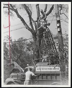 Making The Splice that reconnects scores of telephones in Newport, R. I. Emergency workers tackle another job amidst hurricane wreckage.