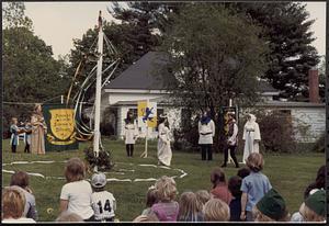 Maypole and costumed actors/musicians- Friends of Lawrence Library, at Lawrence Library