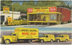 Lawrence Malmed Inc., distributor of fine beers & ales - Soft drinks, 6012 Lancaster Avenue, Philadelphia, PA.