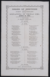 Order of services at the first anniversary of the kidnaping of Thomas Sims
