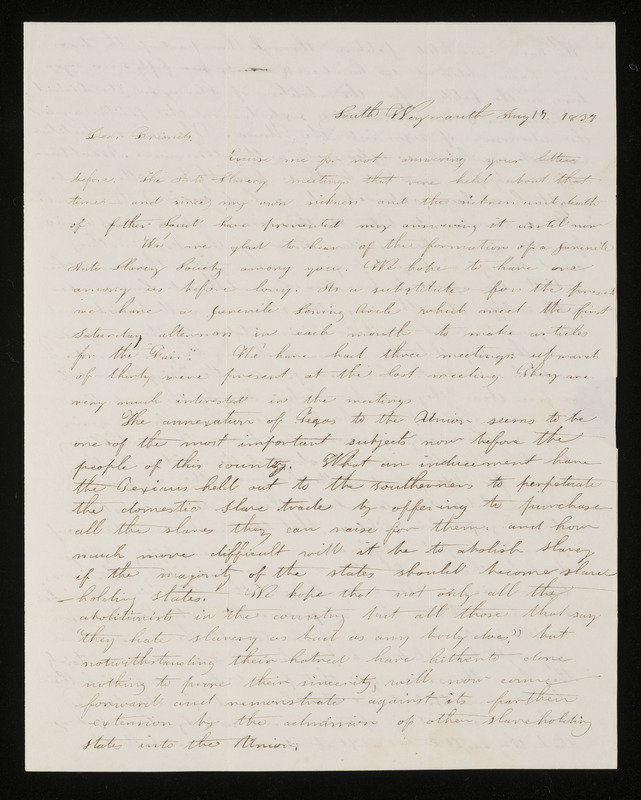 Letter from Eliza T. Loud, Secty, South Weymouth Female Anti-slavery Society to Mrs. Hannah Cranch Bond Fifield, 1837 Aug 17