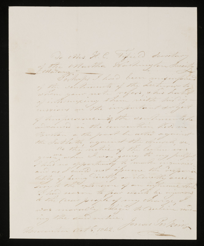 Letter from Rev. Jonas Perkins, Union Church of Weymouth & Braintree to Mrs. Hannah Cranch Bond Fifield, 1842 Oct 6