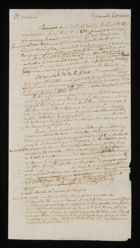 Draft letter from Cotton Tufts, Weymouth, to Mrs. Adams, 24 Feb 1800