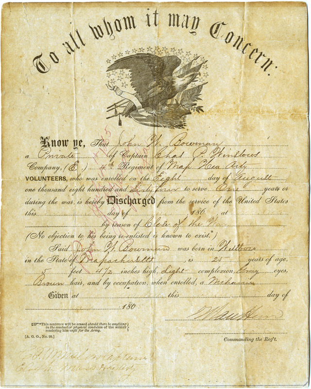 Military discharge paper for John W. Bowman