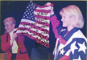 Nikki Stone, gold medalist, presents U.S. flag that flew over Olympics in Nagano, Japan