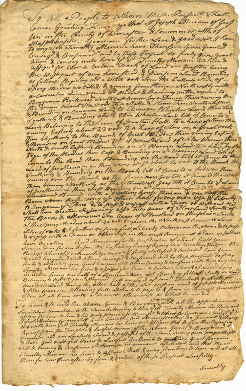 Merriam family deed for land in Grafton