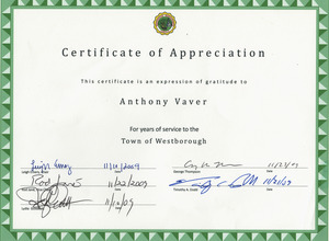Certificate of appreciation for service to Westborough
